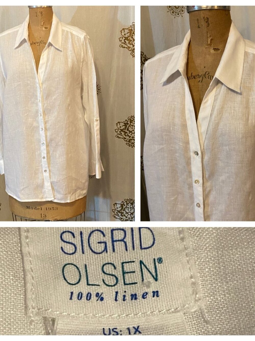 Sigrid Olsen 100% Linen White Button Up Roll Tab Shirt 1X Lagenlook Coastal Boho